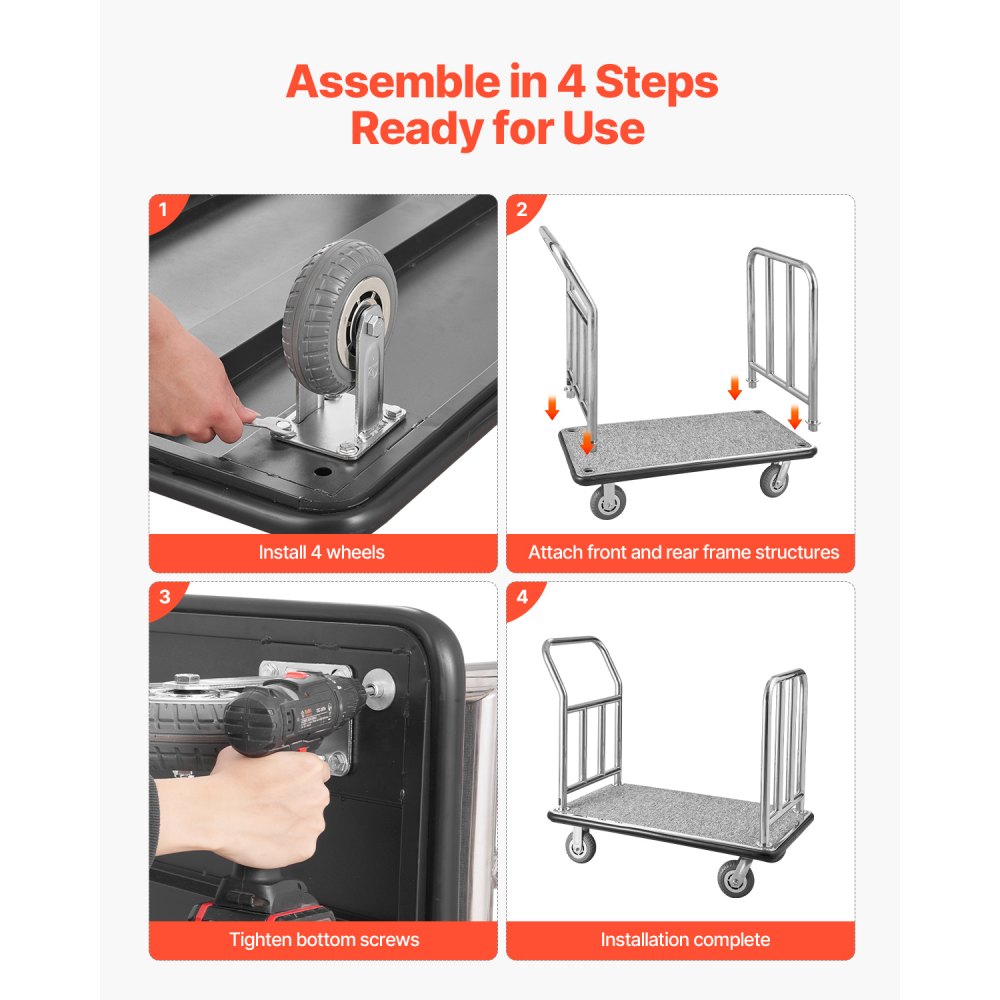 VEVOR Hotelbagagewagen, capaciteit 340 kg, platformwagen met afneembaar voorframe, valetparkeerwagen met tapijtvloer en 15 cm rubberen wielen, ideaal voor hotels, appartementencomplexen en resorts