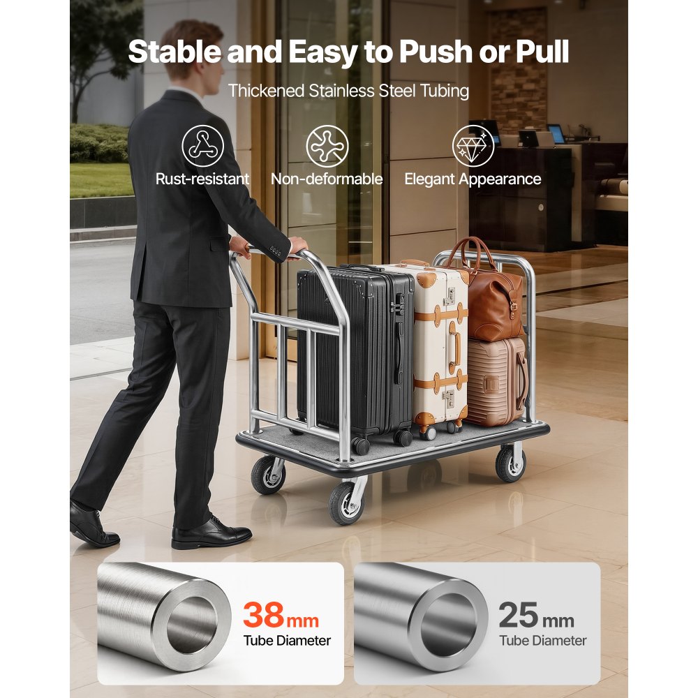 VEVOR Hotelbagagewagen, capaciteit 340 kg, platformwagen met afneembaar voorframe, valetparkeerwagen met tapijtvloer en 15 cm rubberen wielen, ideaal voor hotels, appartementencomplexen en resorts