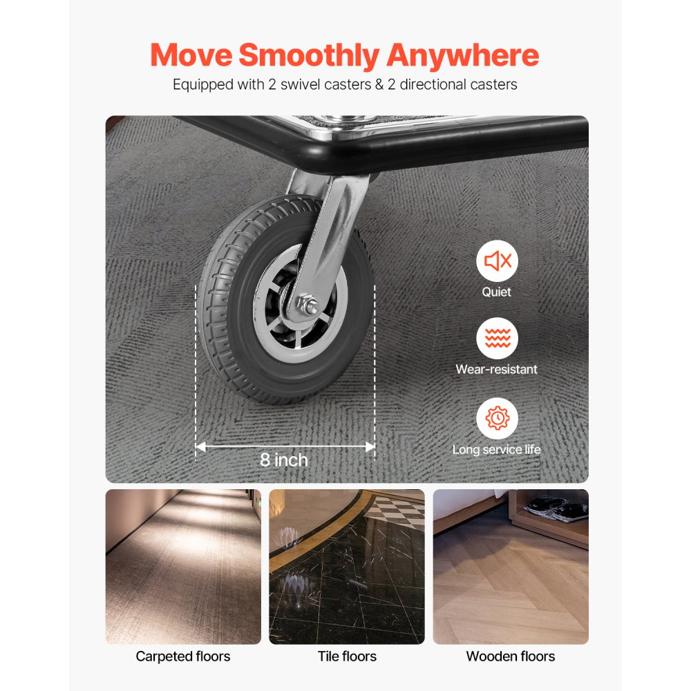 VEVOR Hotelbagagewagen, capaciteit 544 kg, hoteltrolley, piccolowagen, bagagewagen, valetwagen met grijs tapijt en 20 cm rubberen wielen, ideaal voor hotels, appartementencomplexen, resorts, zilver