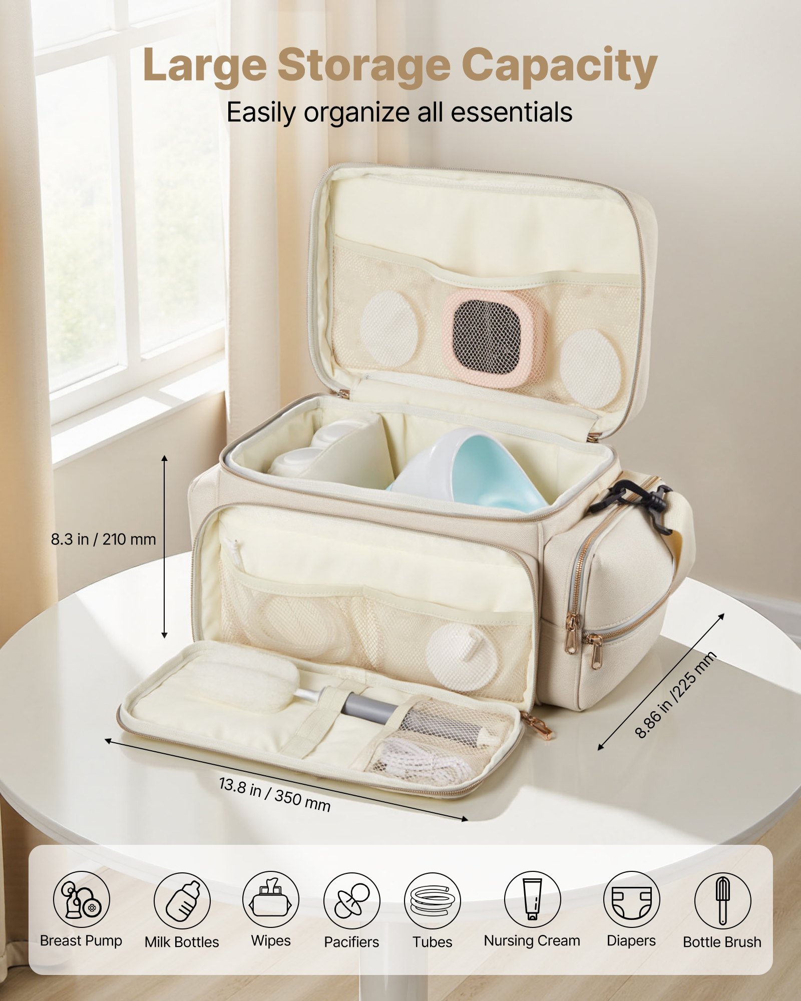 VEVOR Breast Pump Bag, Breast Feeding Bag with Waterproof Mat, Fits for S1/S2, Pumping Accessories & Breastmilk Storage, Portable Pump Carrying Case for Work, Travel and Family Use, Beige