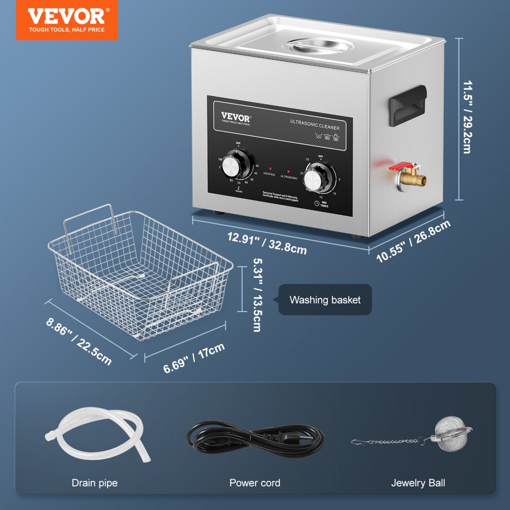 VEVOR 10L ultrasoonreiniger met verwarmingstimer en mand, professionele digitale sonische cavitatiemachine, 240W reinigingsmachine voor laboratoriumgereedschappen, metalen onderdelen, carburateurs, messing, auto-onderdelen en motoronderdelen.