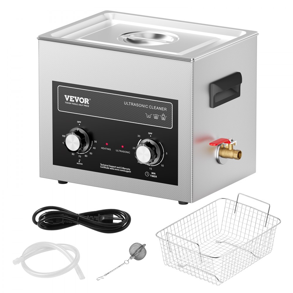 VEVOR 10L ultrasoonreiniger met verwarmingstimer en mand, professionele digitale sonische cavitatiemachine, 240W reinigingsmachine voor laboratoriumgereedschappen, metalen onderdelen, carburateurs, messing, auto-onderdelen en motoronderdelen.