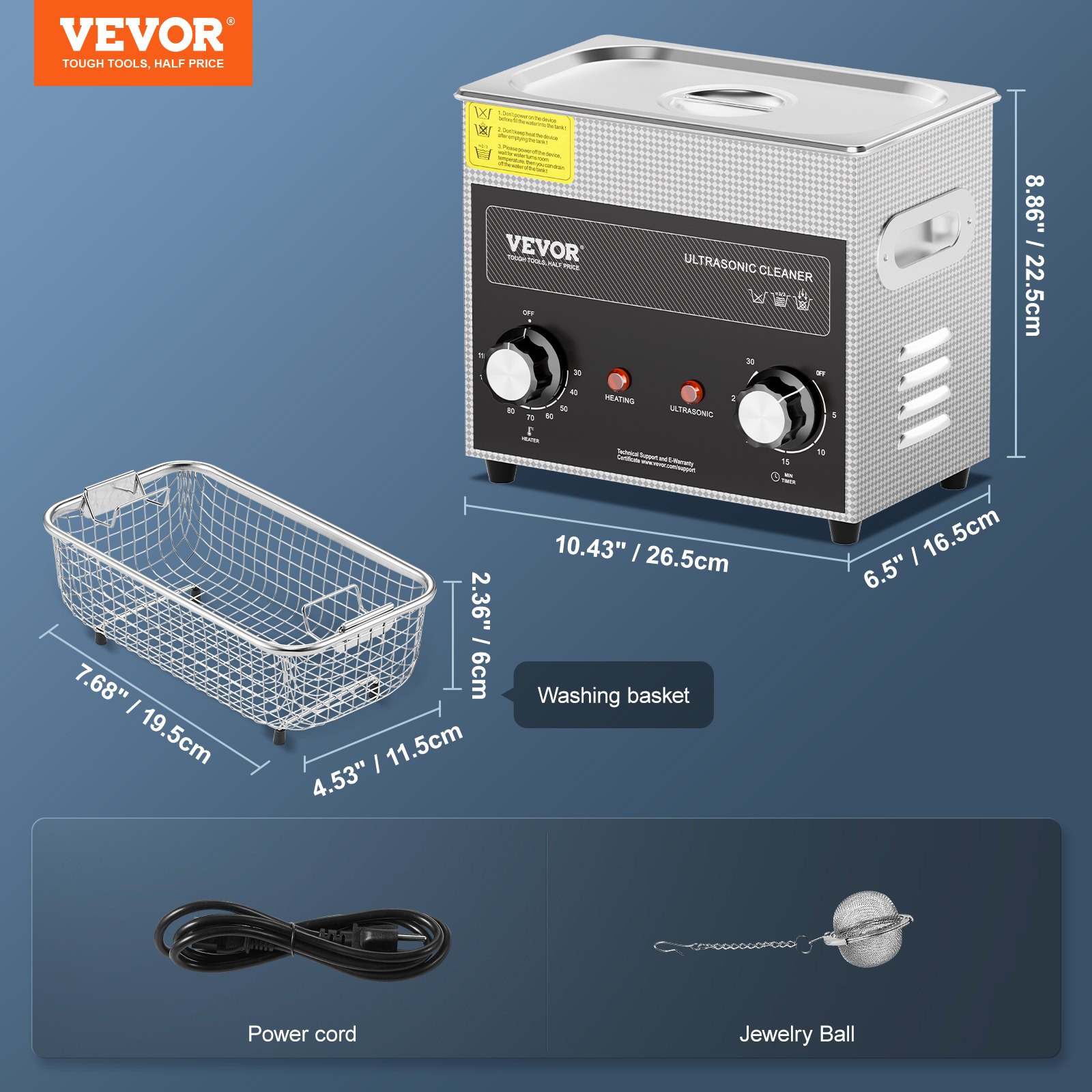 VEVOR 3L Ultrasoonreiniger met verwarmingstimer en mand Professionele digitale sonische cavitatiemachine, 120W Reinigingsmachine voor horloge-instrumenten Brillen Munten Metalen onderdelen Gereedschap Zilver