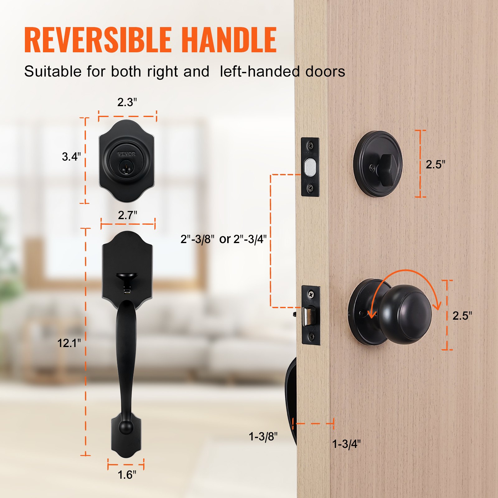 VEVOR Front Door Handle and Deadbolt Set, Matte Black Front Door Lock Set with Interior Knob,  Adjustable Hole Spacing Single Cylinder Handleset, for Right and Left Handed Entrance and Front Door