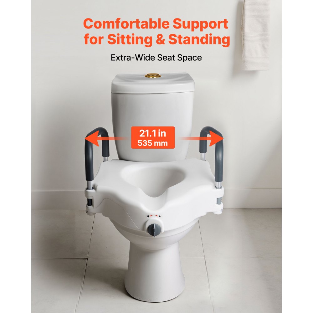 VEVOR toiletbrilverhoger met gewatteerde armleuningen, een draagvermogen van 136 kg en een hefhoogte van 127 mm. Deze verhoogde toiletbril is geschikt voor ouderen, senioren, mensen met een beperking en zwangere vrouwen.