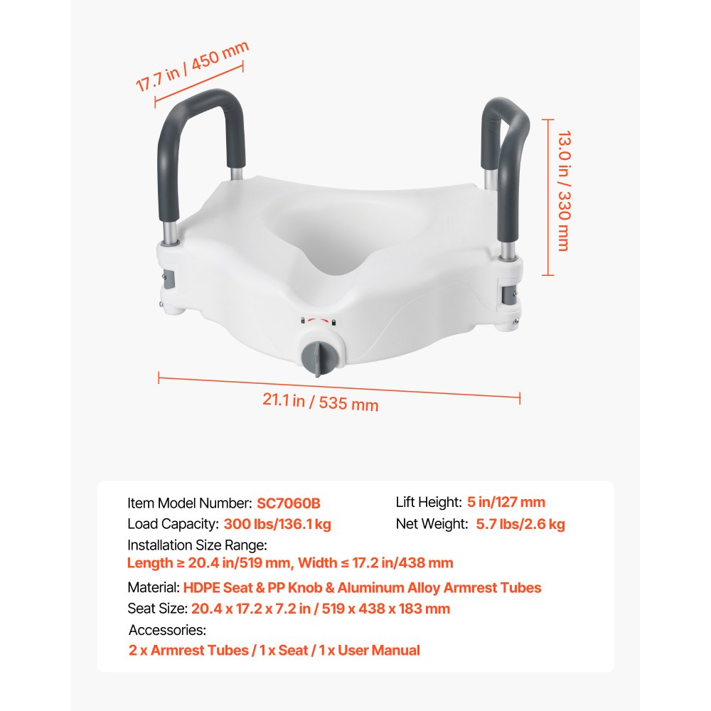 VEVOR toiletbrilverhoger met gewatteerde armleuningen, een draagvermogen van 136 kg en een hefhoogte van 127 mm. Deze verhoogde toiletbril is geschikt voor ouderen, senioren, mensen met een beperking en zwangere vrouwen.