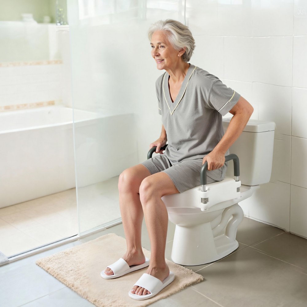 VEVOR toiletbrilverhoger met gewatteerde armleuningen, een draagvermogen van 136 kg en een hefhoogte van 127 mm. Deze verhoogde toiletbril is geschikt voor ouderen, senioren, mensen met een beperking en zwangere vrouwen.