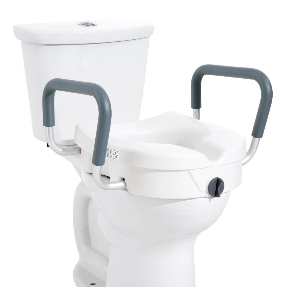 VEVOR raised toilet seat with adjustable padded handles attached to a white toilet bowl.