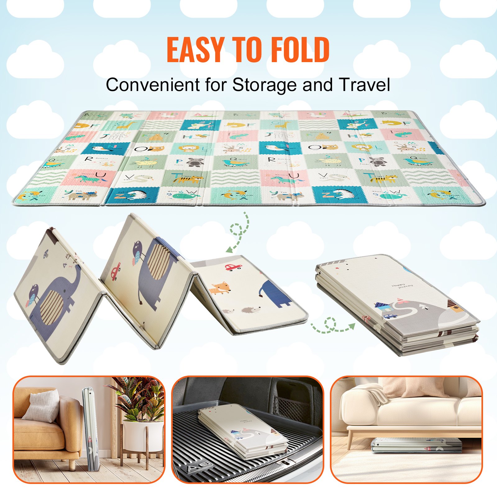 VEVOR Baby Speelmat, 180 x 200 cm, Extra Grote Kruipmat, Antislip Eendelig Schuim Baby Speelmat, Opvouwbare Omkeerbare Vloermat met Reistas, Waterdichte Activiteiten Speelmat voor Baby's, Peuters