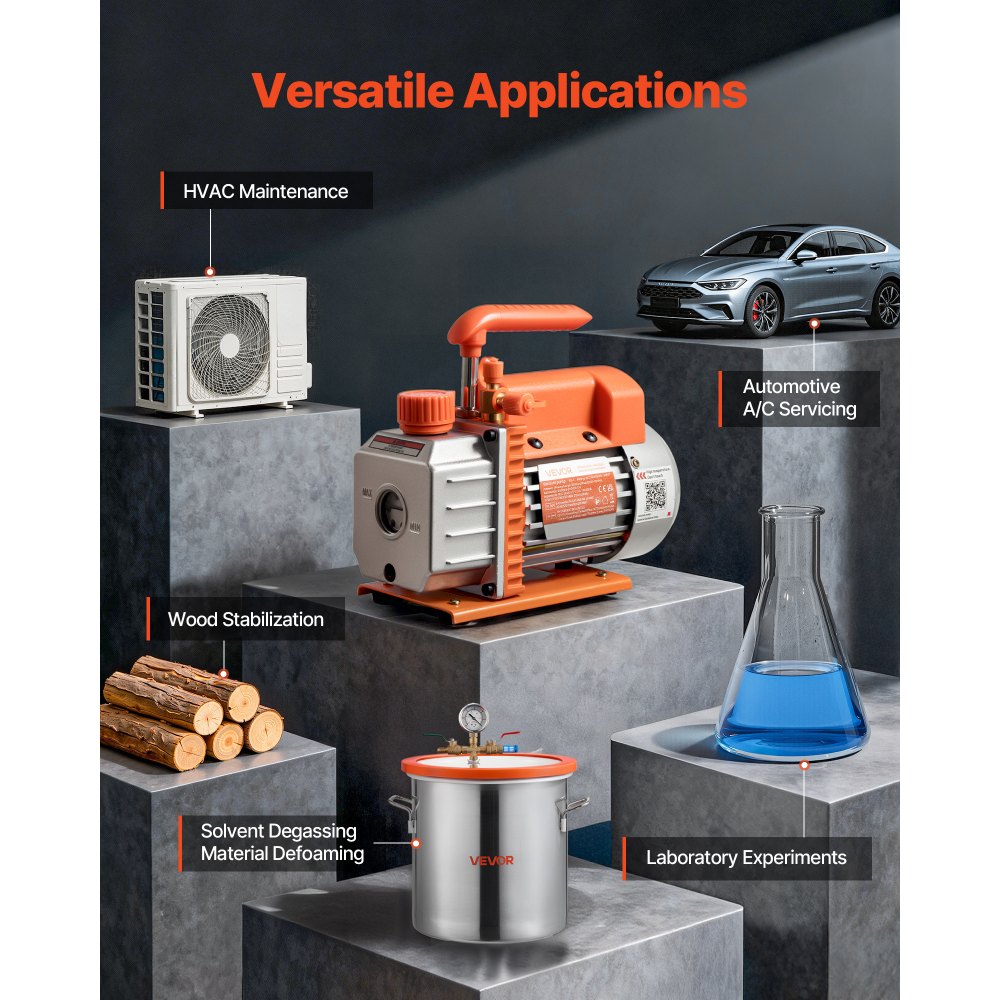 VEVOR vacuümpomp, 3,5 CFM 99 l/min, 1-traps, 180 W, geschikt voor R134a, R22 en R410a systemen, 4-polige motor, voor het onderhoud van auto-airconditioningsystemen en het ontgassen van harsen, incl. olie.