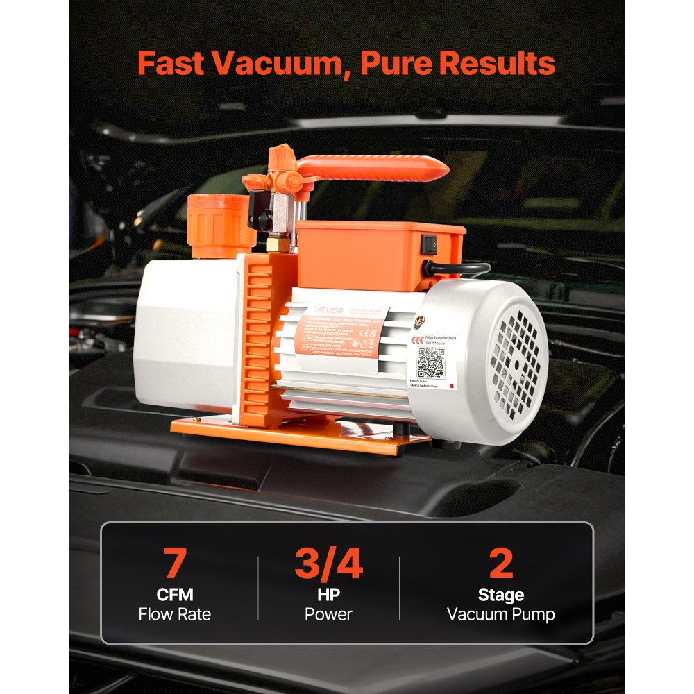 VEVOR Vacuum Pump, 7 CFM 3/4 HP, HVAC Two Stage Rotary Vane AC Vacuum Pump, for R134a R22 R410a R1234YF R32, 4 Pole Motor, for Automotive Air Conditioner Maintenance Resin Degassing, Oil Included
