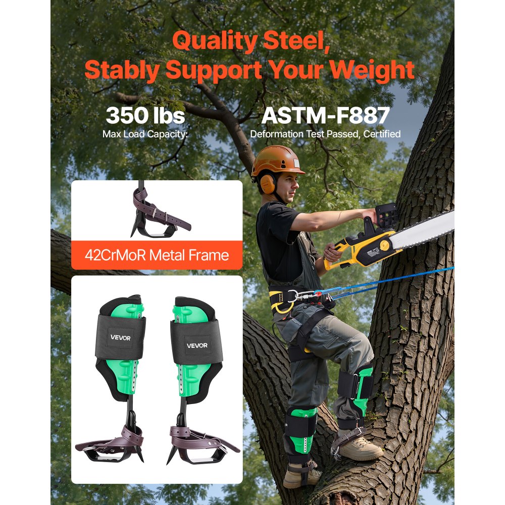 VEVOR klimspikes, klimuitrusting met riemen en klimspikes, draagvermogen 159 kg, in hoogte verstelbaar van 39,1 tot 47 cm, stalen klimspikes, boomverzorgingsuitrusting voor fruitoogst en jacht, groen