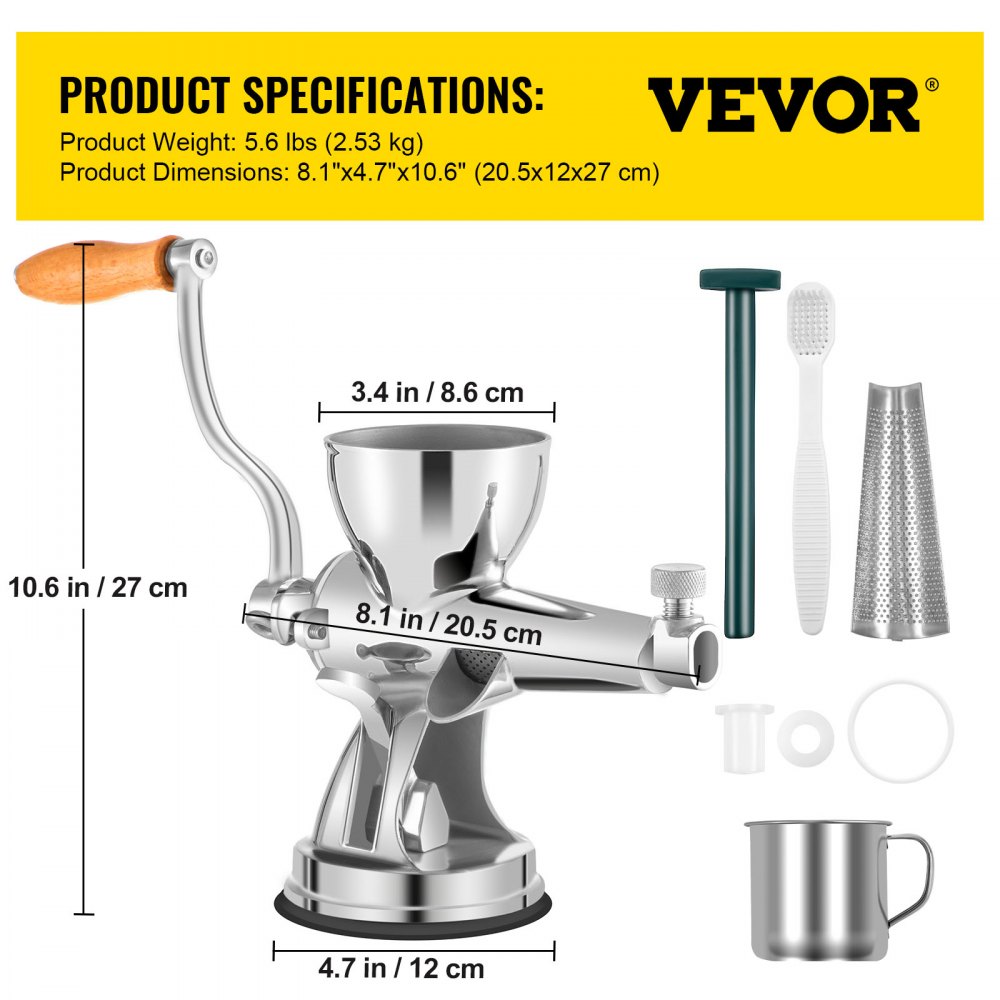 VEVOR Handmatige Tarwegraspers, 8,6 cm Invoerpoort Tarwegras Juicer, 27 cm RVS Hand Tarwegras Grinder, Groentegraspers met Zuignapvoet Tafelklem, Handmatige Sapcentrifuge voor Gember Selderij Appel