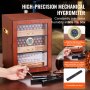 Mahoniehouten VEVOR sigarenhumidor met hygrometer, sigaren erin en gereedschap op tafel.