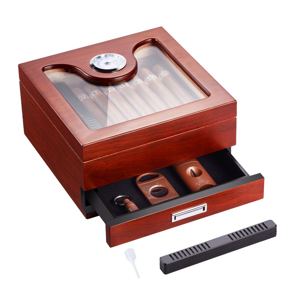 wooden VEVOR cigar humidor with a glass lid, built-in hygrometer, and accessory drawer.