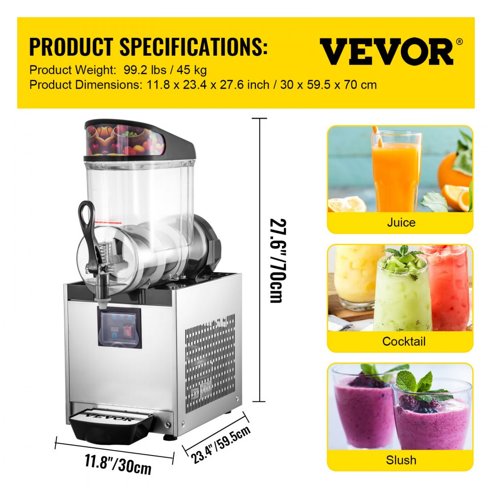 VEVOR Frozen Drink Slush Machine Roestvrij Staal + PC, Ice Slush Machine 1 * 12 L, Slush Frozen Drink Maker 85-130 V, Cooling Slushie Juice Making 500 W, voor Hotels, Bars, Winkelstraten, Snackbars