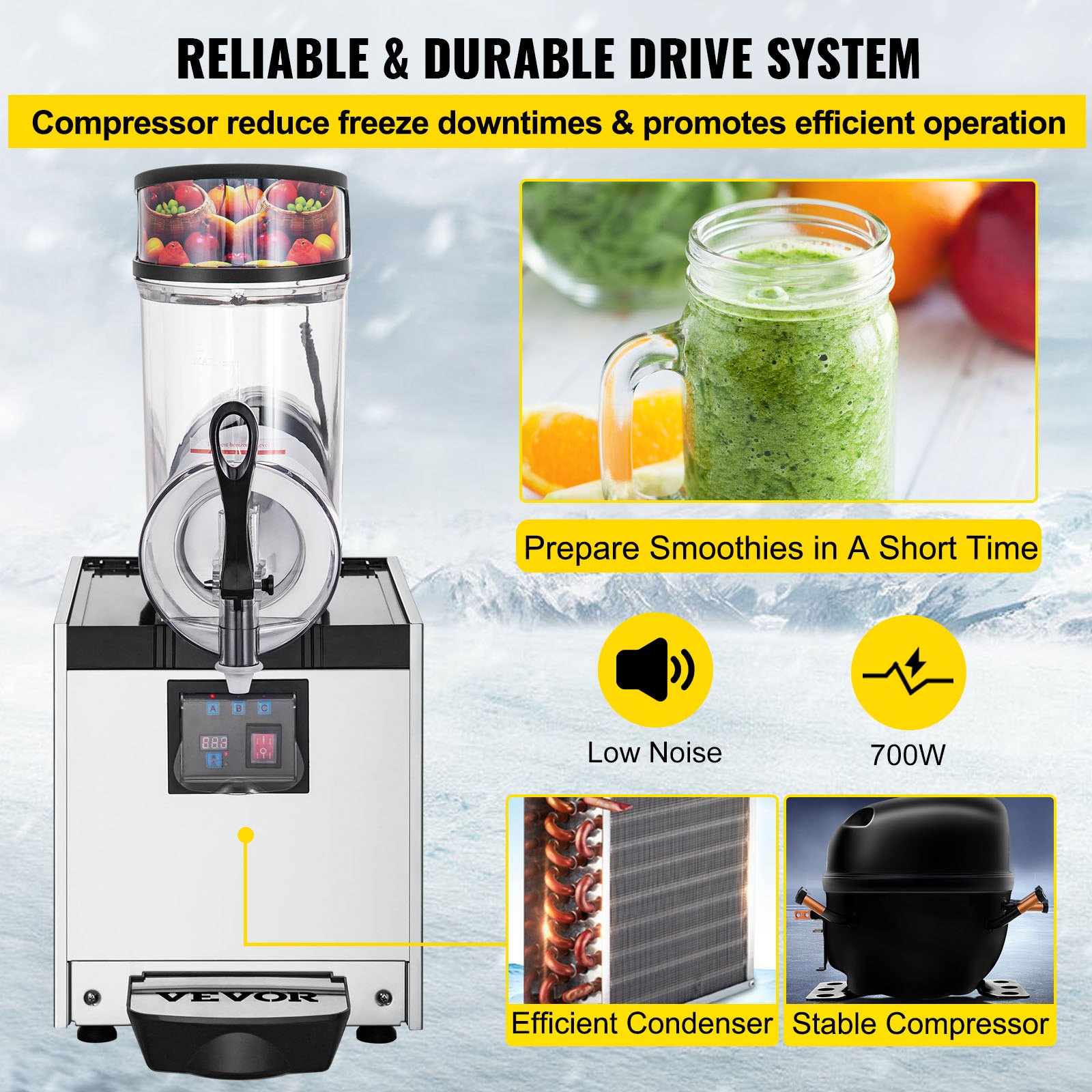 VEVOR Frozen Drink Slush Machine Roestvrij Staal + PC, Ice Slush Machine 1 * 12 L, Slush Frozen Drink Maker 85-130 V, Cooling Slushie Juice Making 500 W, voor Hotels, Bars, Winkelstraten, Snackbars