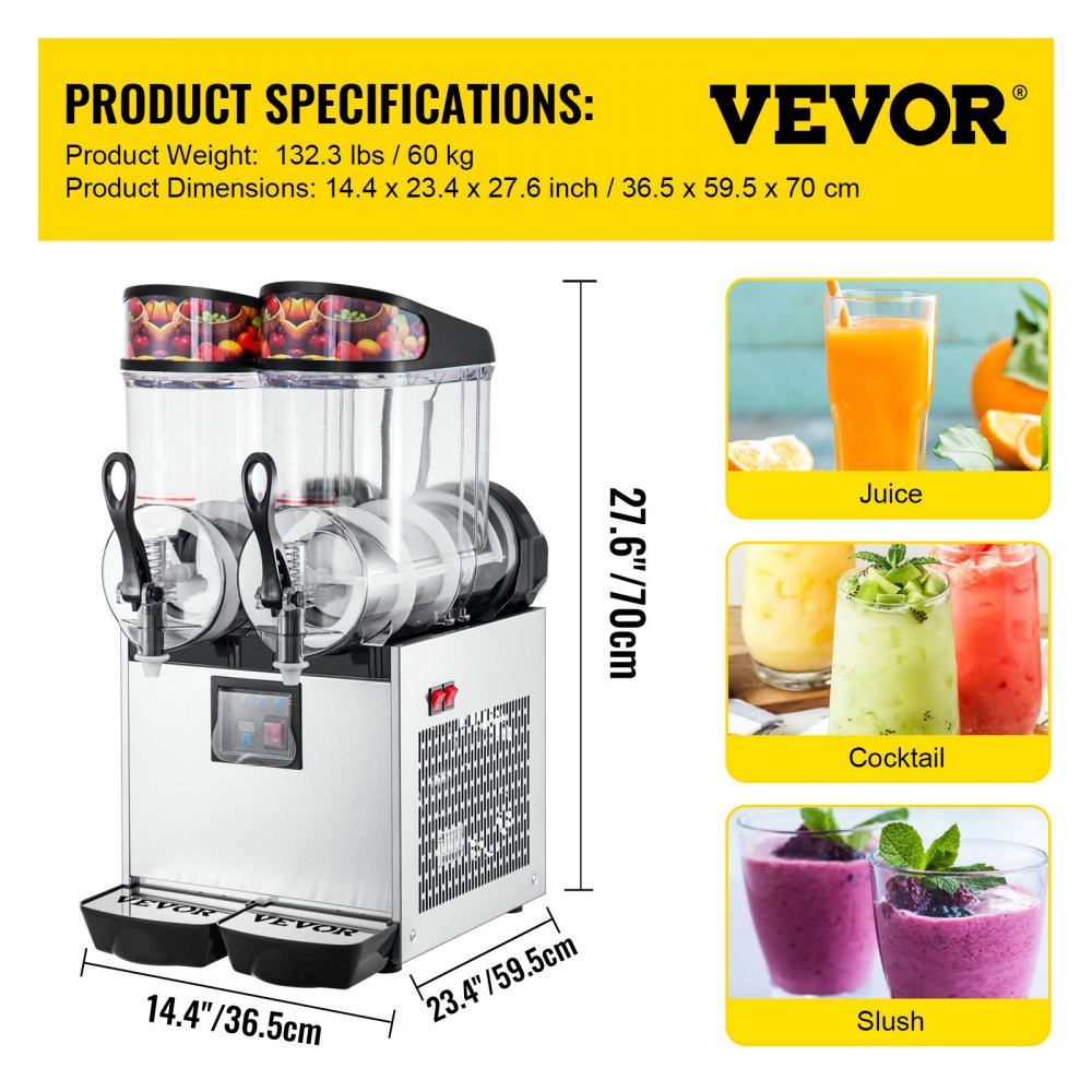 VEVOR Frozen Drink Slush Machine Roestvrij Staal + PC, Ice Slush Machine 2 * 12 L, Slush Frozen Drink Maker 85-130 V, Cooling Slushie Juice Making 700 W, voor Hotels, Bars, Winkelstraten, Snackbars