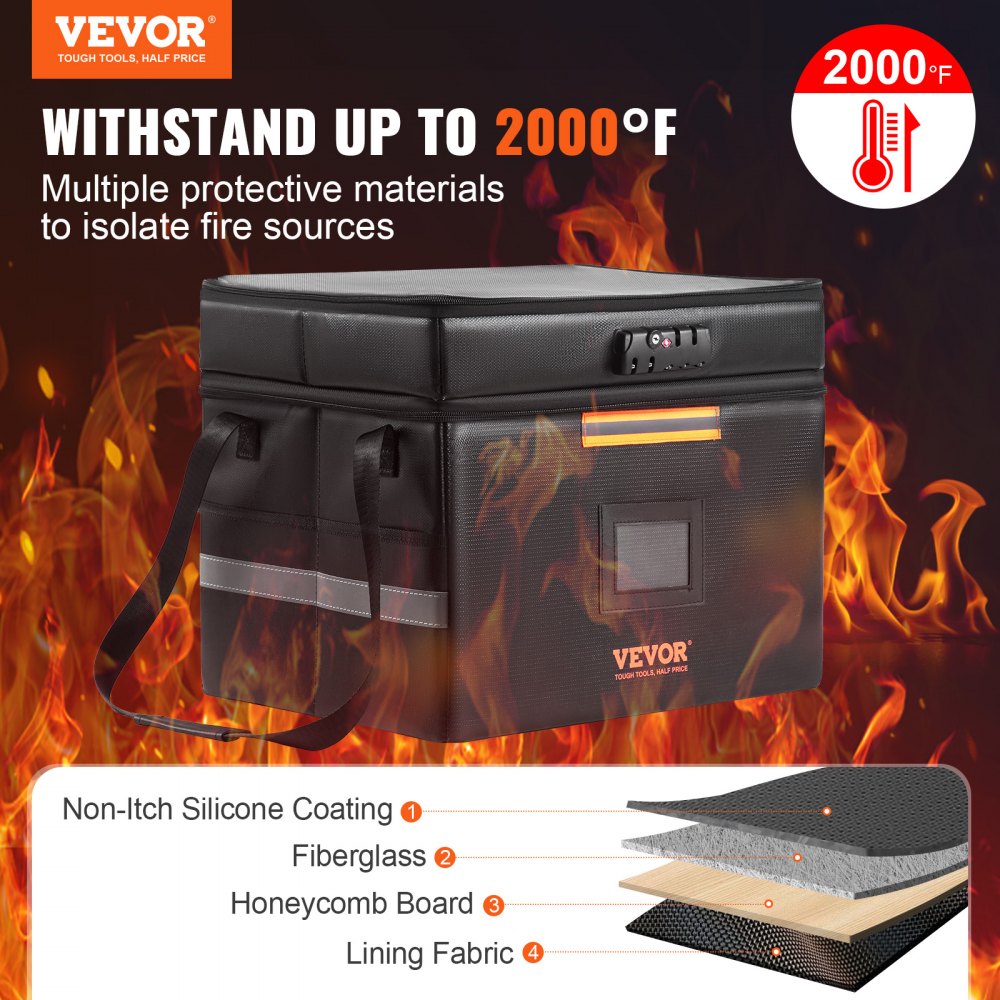 VEVOR Fireproof Document Box, Fireproof Document Bag with Lock 2000℉, Fireproof and Waterproof File Box 17.72x5.51x12.4 inch with Zipper & Handle, for Money, Documents, Jewelry and Passport