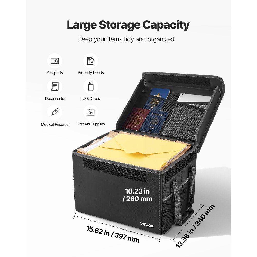 VEVOR Fireproof Document Box, 1832 ℉ Heat Insulated Fireproof & Waterproof Box, Space-Saving and Foldable Design, Portable Home Office Travel File Organizer, for Passports, Important Documents, Files