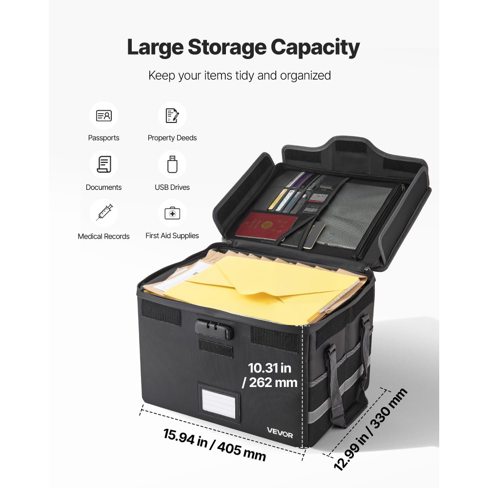 VEVOR Brandwerende documentenbox Documententas, 1000 °C warmte-isolerend, waterdichte documentenopbergbox met slot, draagbare aktetas voor paspoorten, belangrijke documenten en dossiers, zwart