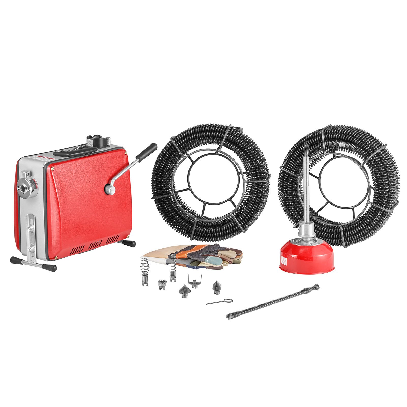 VEVOR elektrische pijpreinigingsmachine, 500W, 1400 tpm, afvoerontstopper, 2 stuks veerkabels van 20mx16mm en 5mx9,5mm, flexibele veer van 0,4mx12mm en 6 snijbladen, voor leidingen met een diameter van 50–110mm