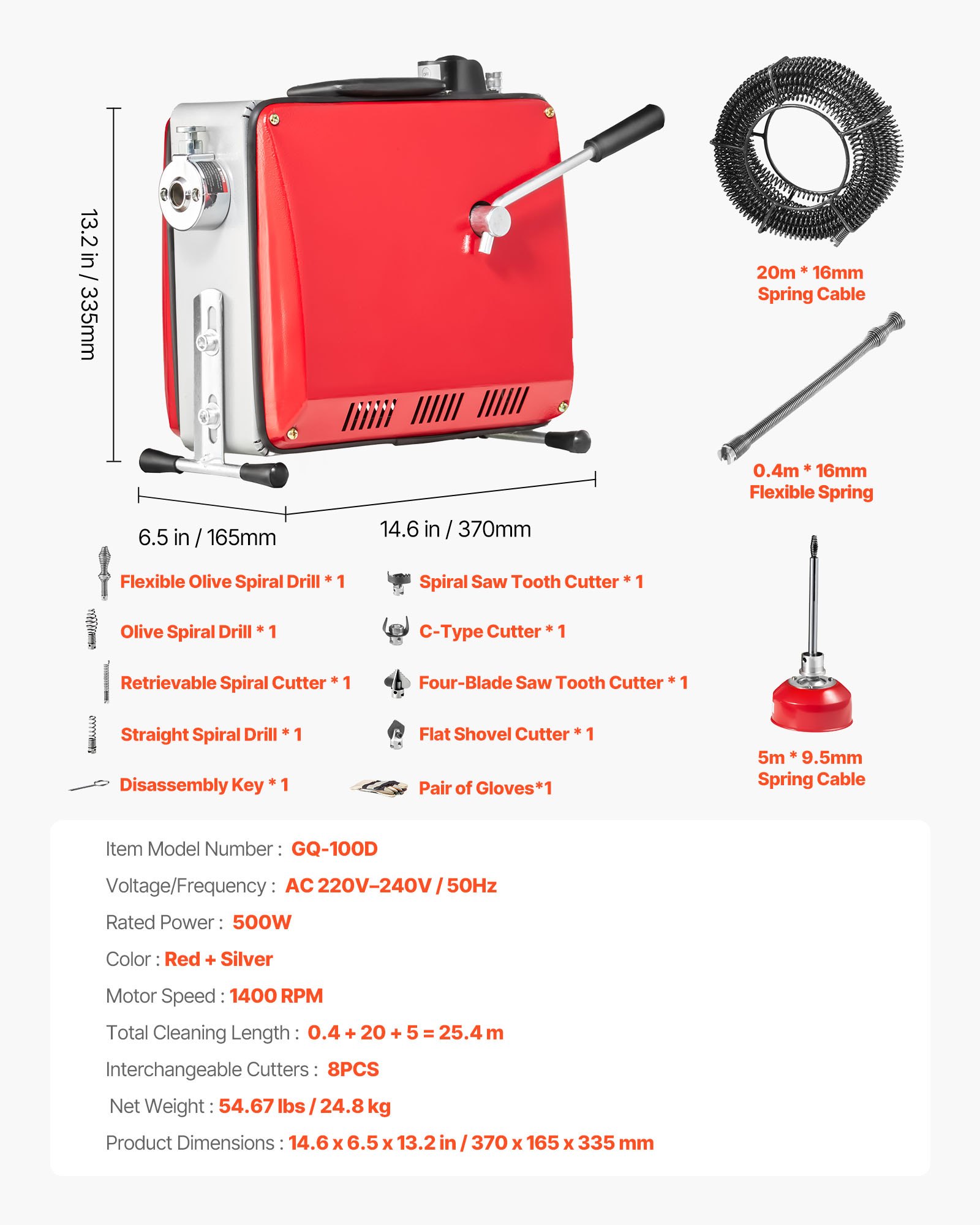 VEVOR elektrische pijpreinigingsmachine, 500 W, 1400 tpm, afvoerontstopper, 20 m x 16 mm & 5 m x 9,5 mm veerkabel, 0,4 m x 16 mm flexibele veer & 8 snijbladen, voor leidingen met een diameter van 50–110 mm