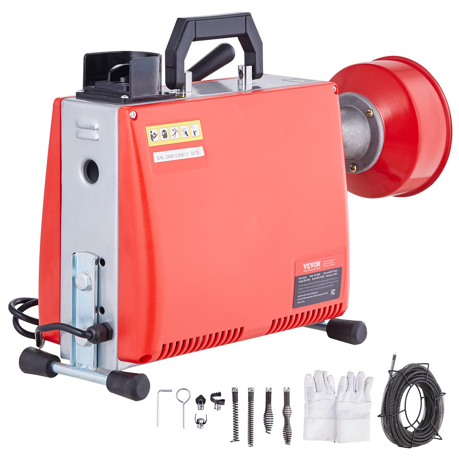 VEVOR 250W pijpreinigingsmachine, 20m x 15,8mm / 4,6m x 9,5mm stalen kabels voor leidingen van 4-10 cm, met 7 snelwisselbare pijpsnijders voor woningen, kantoren en openbare ruimtes.