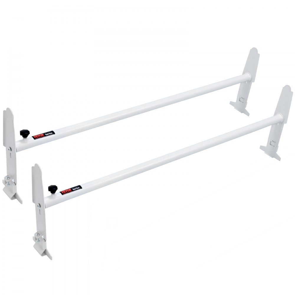 white VEVOR van roof ladder rack with dual bar setup and adjustable clamps for van installation.