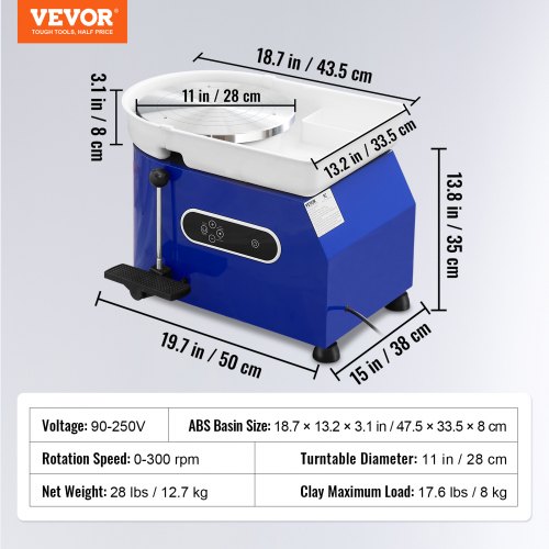 VEVOR Aardewerk Wiel Keramische Wiel Machine 450W, Elektrische Aardewerk Wiel Machine 28 cm 300 RPM Aardewerk Wiel Machine, met Pedaal & Schort Vormmachine, Geschikt voor Beginners, Enthousiastelingen