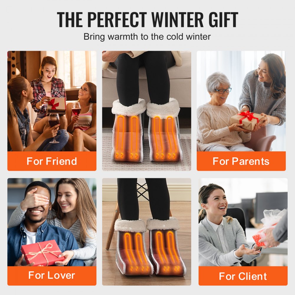 VEVOR Split Electric Foot Warmer, Double-Sided Heating Pad for Foot, 6-Level Heating Slippers Feet Warmer with Timer & Auto Shut-Off, Soft Flannel Heated Boots Shoes Washable, Warm Gift for Women Men