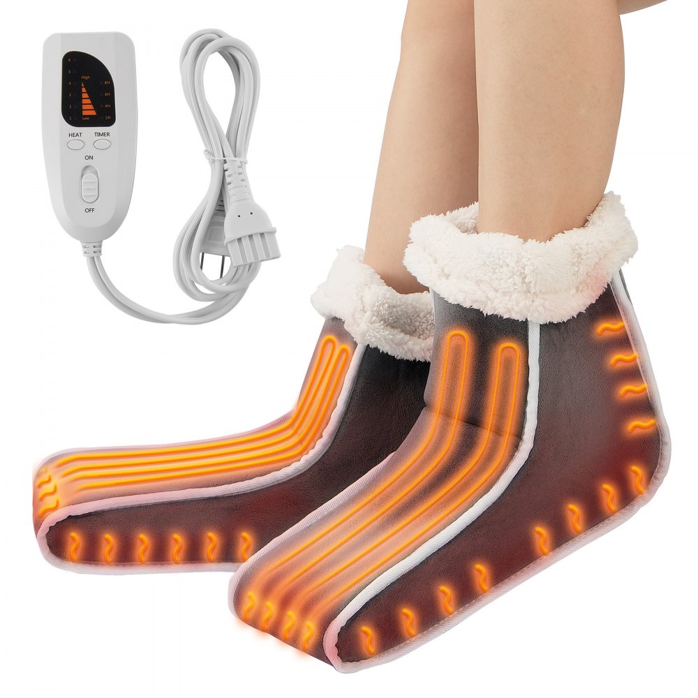 VEVOR Split Electric Foot Warmer, Double-Sided Heating Pad for Foot, 6-Level Heating Slippers Feet Warmer with Timer & Auto Shut-Off, Soft Flannel Heated Boots Shoes Washable, Warm Gift for Women Men