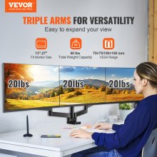 VEVOR Triple Monitor Mount, Supports 13"-27" Screens, Fully Adjustable Gas Spring Monitor Arm, Holds up to 20 lbs per Arm, Computer Stand Holder with C-Clamp/Grommet Mounting Base, VESA Mount Bracket