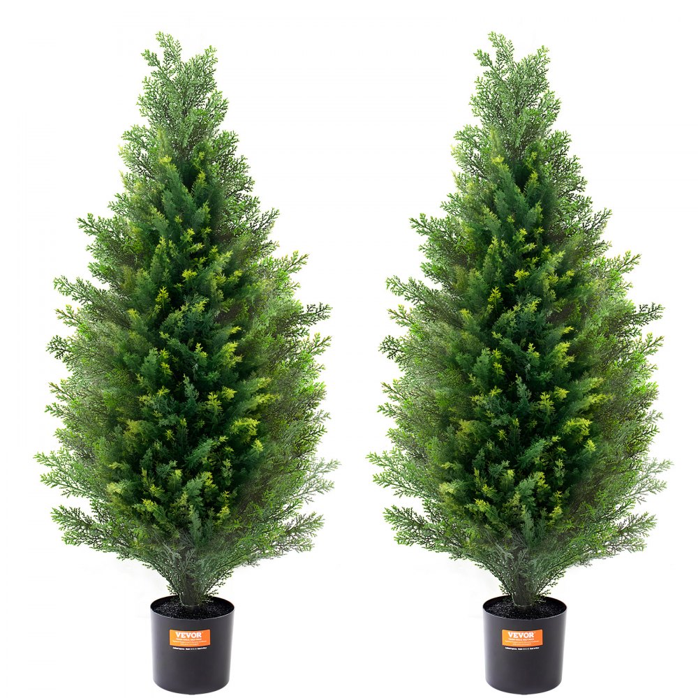 VEVOR Artificial Cedar Topiary Tree, 36 inch Tall (2 Pieces), with Extra Leaves & Pot Faux Evergreen Fake Pine Cypress Trees Plant, UV Rated Artificial Greenery Set for Home Decor Indoor/Outdoor