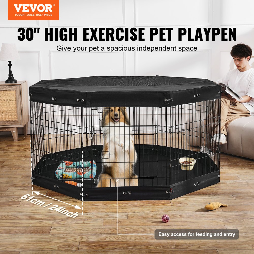 VEVOR Dog Playpen, 8 Pcs 30"H x 24"W Panels Foldable Metal Pet Exercise Pen, Dog Fence Indoor and Outdoor Pen with Door, Bottom Pad and Top Cover, Pet Playpen for Dogs, Cats, Other Small Animals