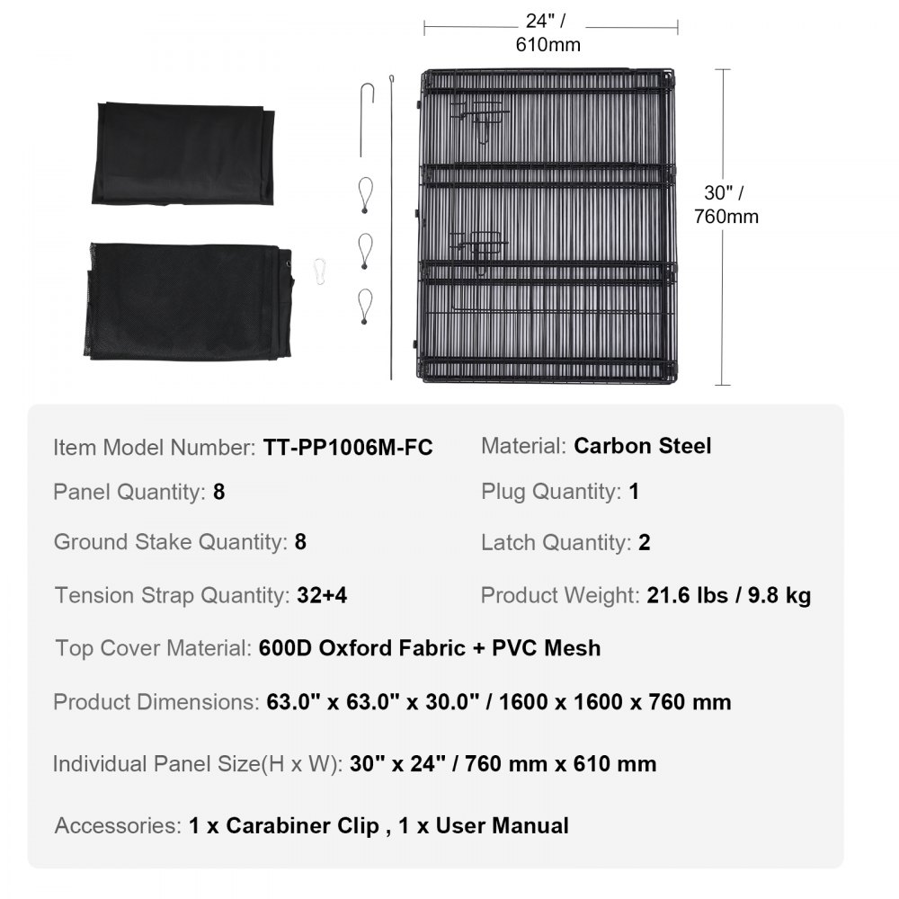 VEVOR Dog Playpen, 8 Pcs 30"H x 24"W Panels Foldable Metal Pet Exercise Pen, Dog Fence Indoor and Outdoor Pen with Door, Bottom Pad and Top Cover, Pet Playpen for Dogs, Cats, Other Small Animals