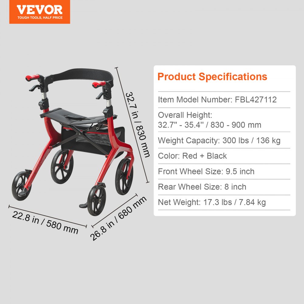 VEVOR Folding Rollator Walker for Seniors and Adults, Lightweight Aluminum Rolling Walker with Seat and Adjustable Handle, 4-Wheel Outdoor Mobility Walker with Spacious Storage Bag, 300LBS Capacity