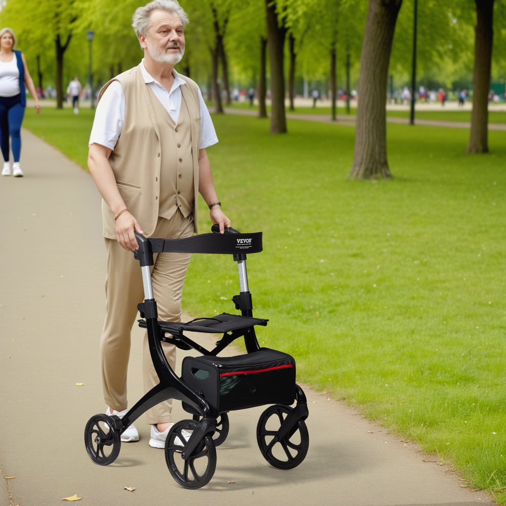 VEVOR Opvouwbare Rollator voor Senioren, Lichtgewicht Aluminium Rollator met Zitting en Verstelbare Handgreep, 4-Wiel Looprek voor Buiten met Opbergtas, Draagvermogen 136 kg, Zwart