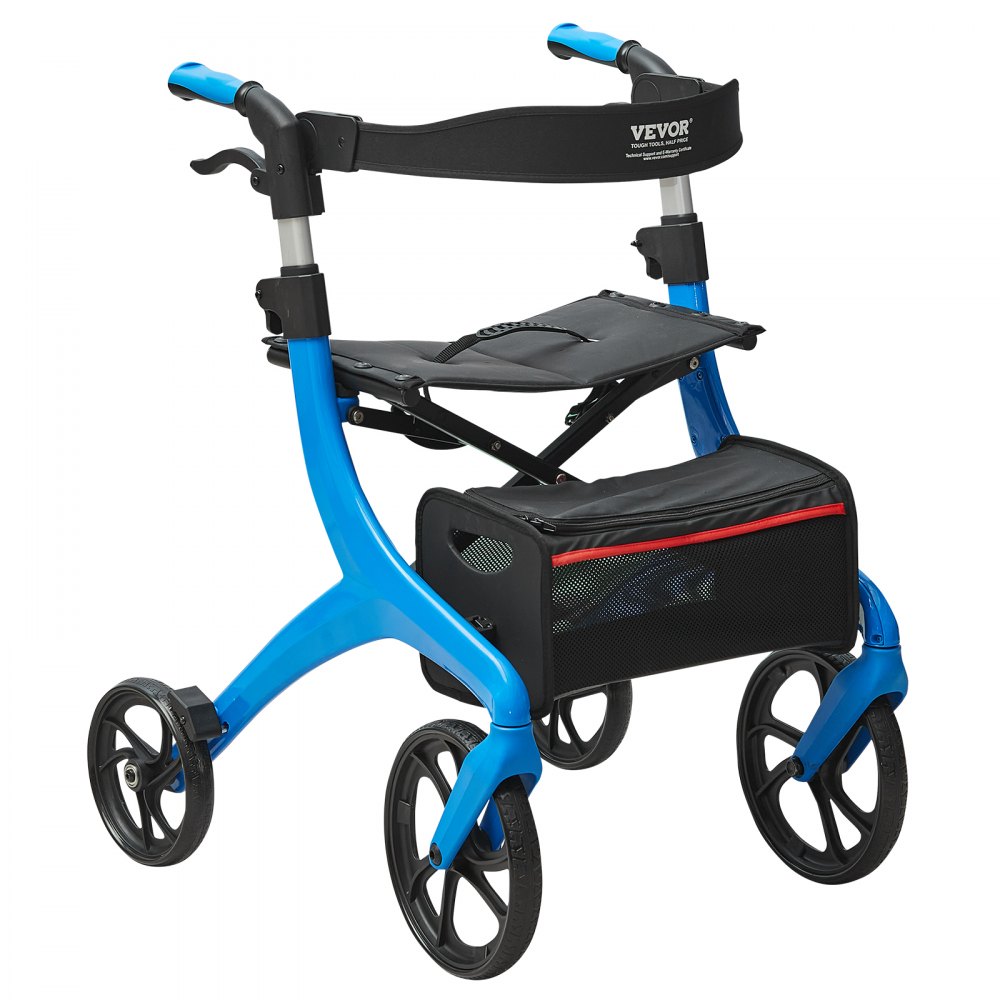 VEVOR rollator walker with seat, storage bag, and blue frame.