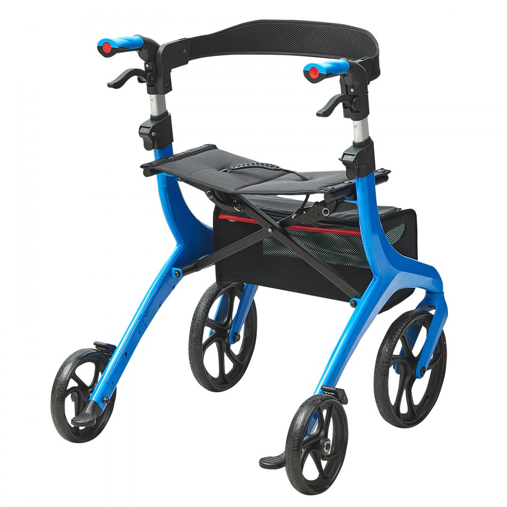 VEVOR Opvouwbare rollator voor senioren, lichtgewicht aluminium rollator met zitting en verstelbare handgreep, 4-wielige rollator voor buiten met opbergtas, draagvermogen 136 kg, blauw
