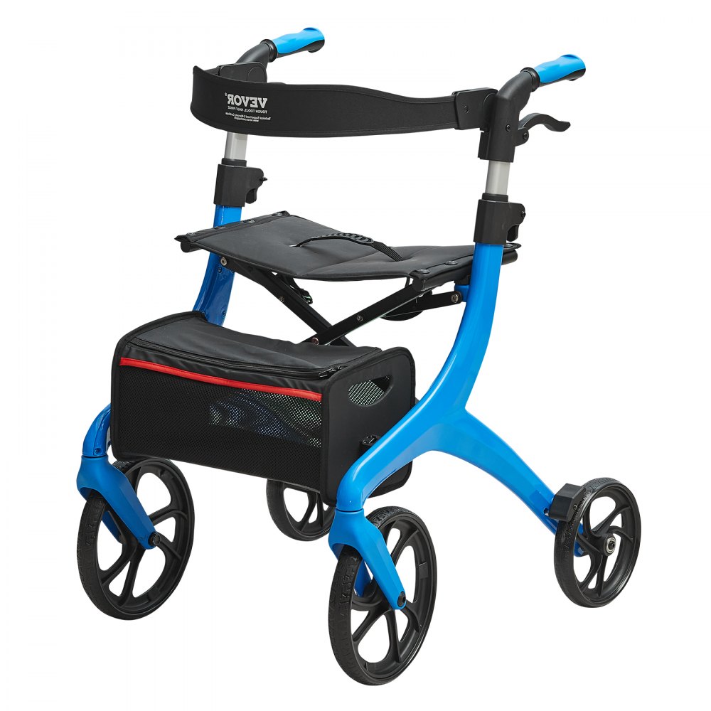 VEVOR Opvouwbare rollator voor senioren, lichtgewicht aluminium rollator met zitting en verstelbare handgreep, 4-wielige rollator voor buiten met opbergtas, draagvermogen 136 kg, blauw