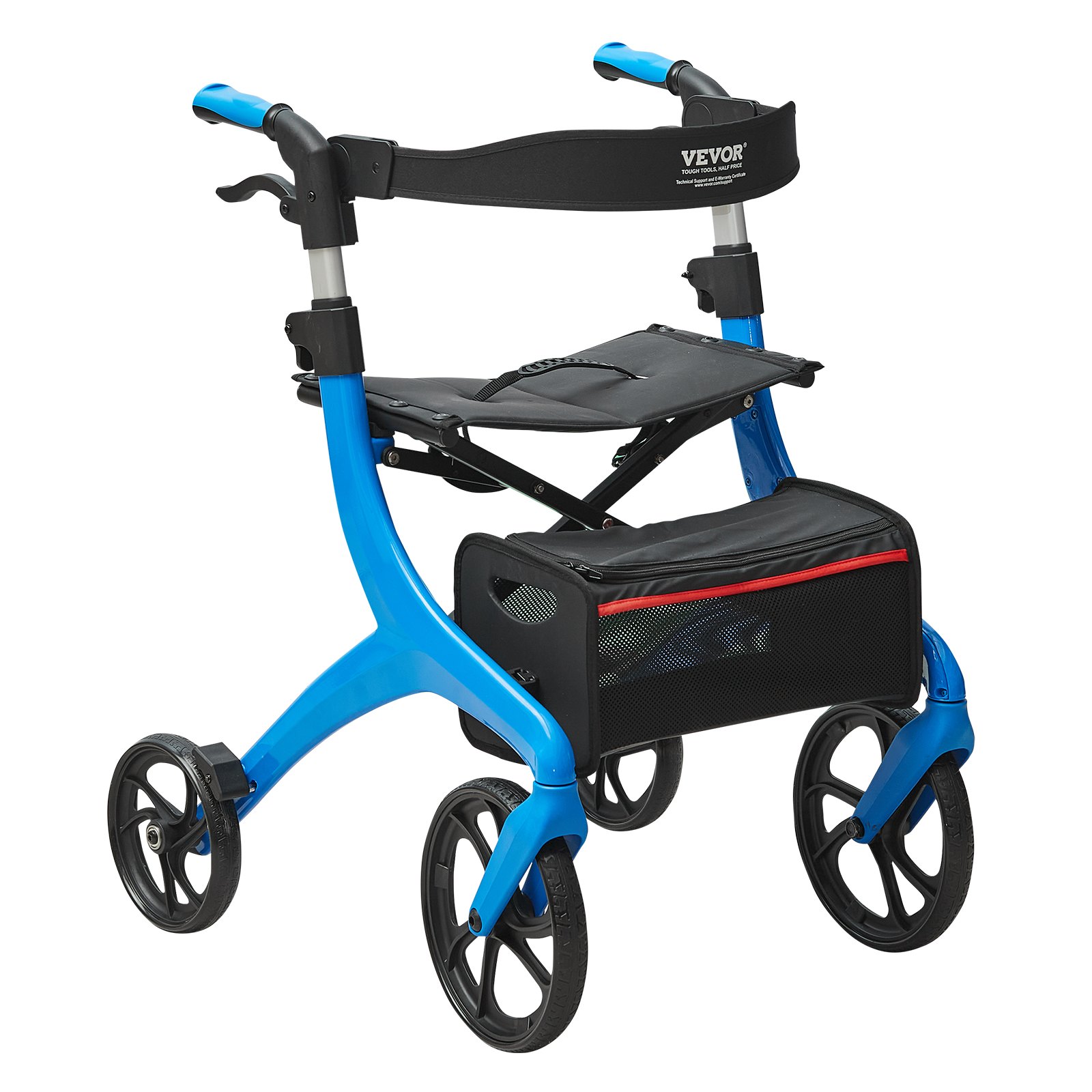 VEVOR Opvouwbare rollator voor senioren, lichtgewicht aluminium rollator met zitting en verstelbare handgreep, 4-wielige rollator voor buiten met opbergtas, draagvermogen 136 kg, blauw