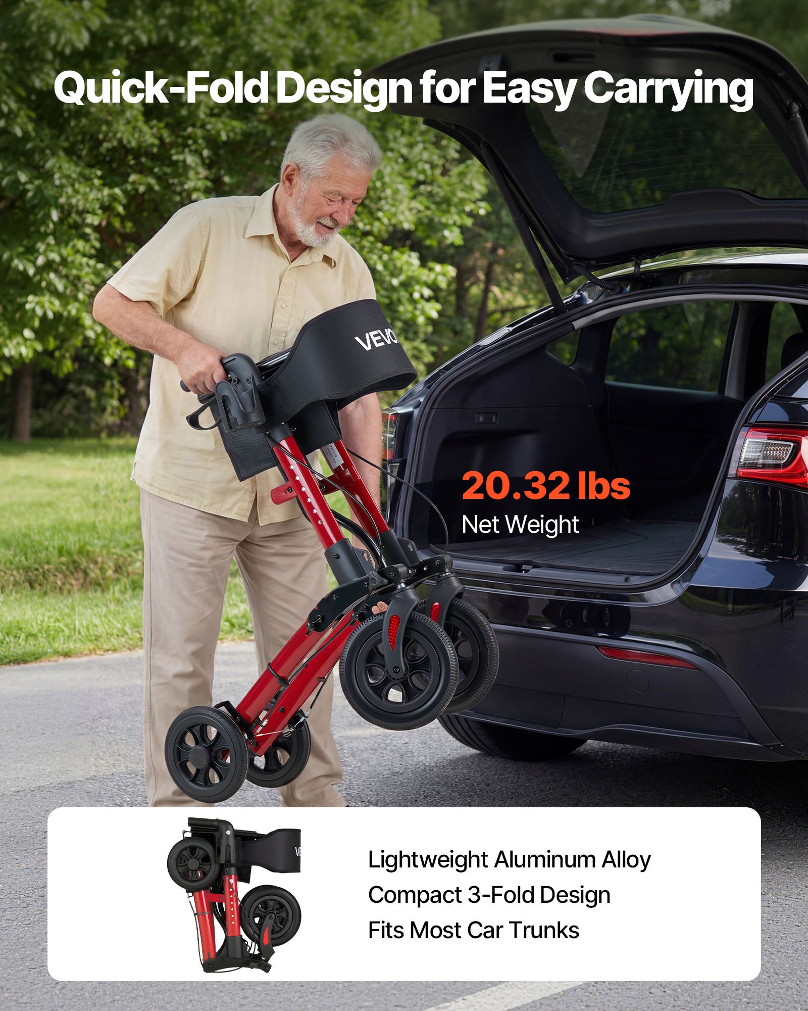 VEVOR 3-weg opvouwbare rollator met zitje, lichtgewicht 4-wielige rollator, loophulp tot 136 kg met rugleuning, tas, stokhouder, in hoogte verstelbare loophulp met vergrendelingsfunctie voor senioren, rood