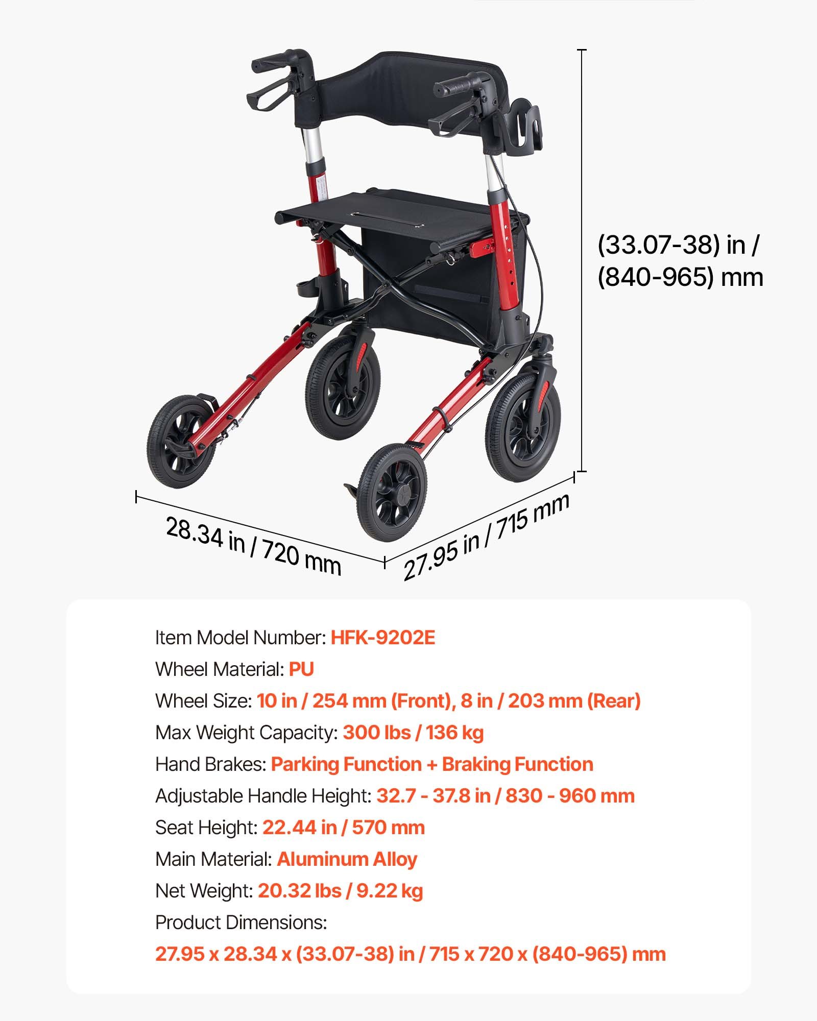 VEVOR 3-weg opvouwbare rollator met zitje, lichtgewicht 4-wielige rollator, loophulp tot 136 kg met rugleuning, tas, stokhouder, in hoogte verstelbare loophulp met vergrendelingsfunctie voor senioren, rood