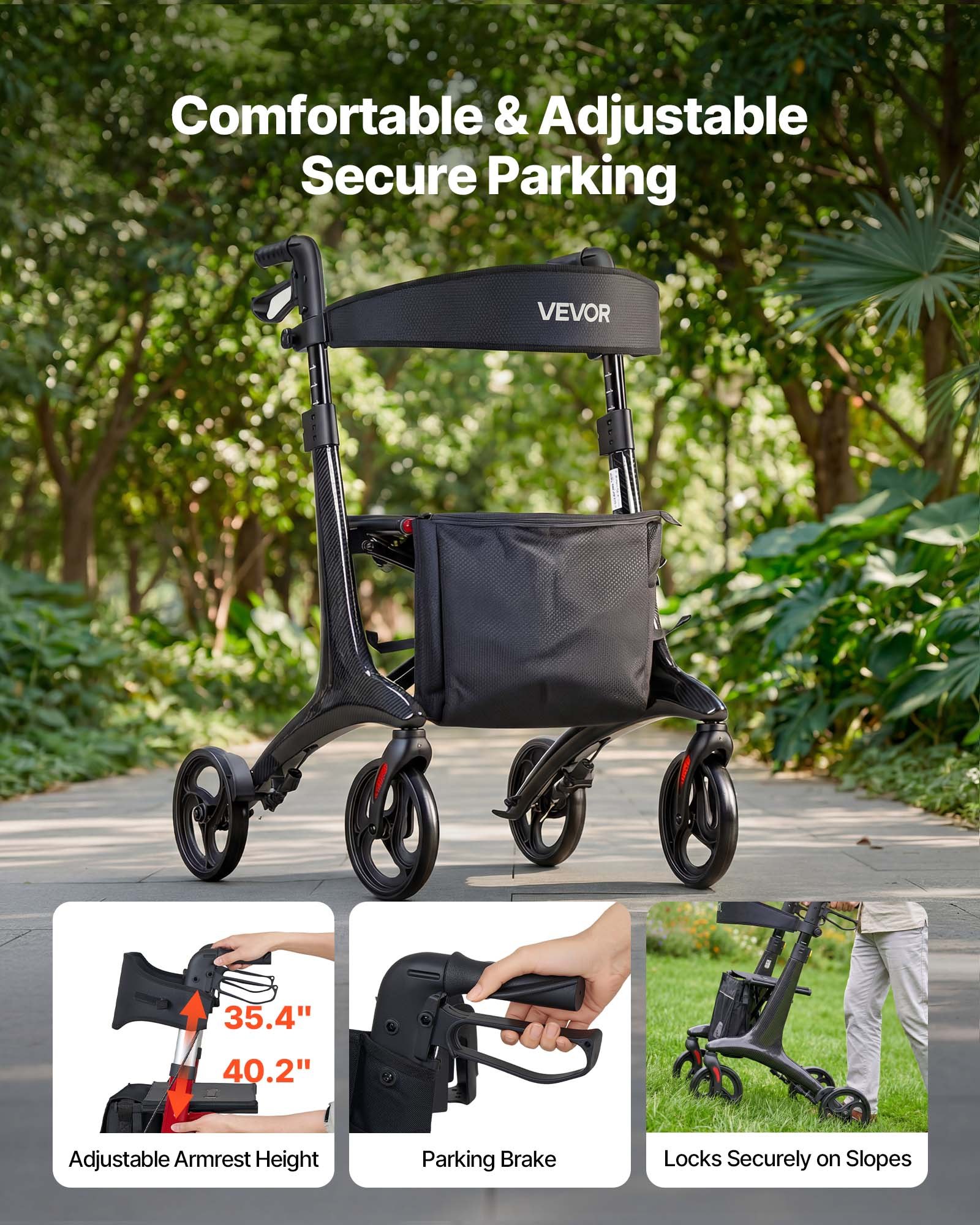 VEVOR Opvouwbare Rollator met Zitje, Lichtgewicht Looprek met 20 cm Wielen, Loophulp tot 136 kg met Rugleuning, Tas, Stokhouder, In Hoogte Verstelbare Loophulp met Vergrendelfunctie voor Senioren, Zwart