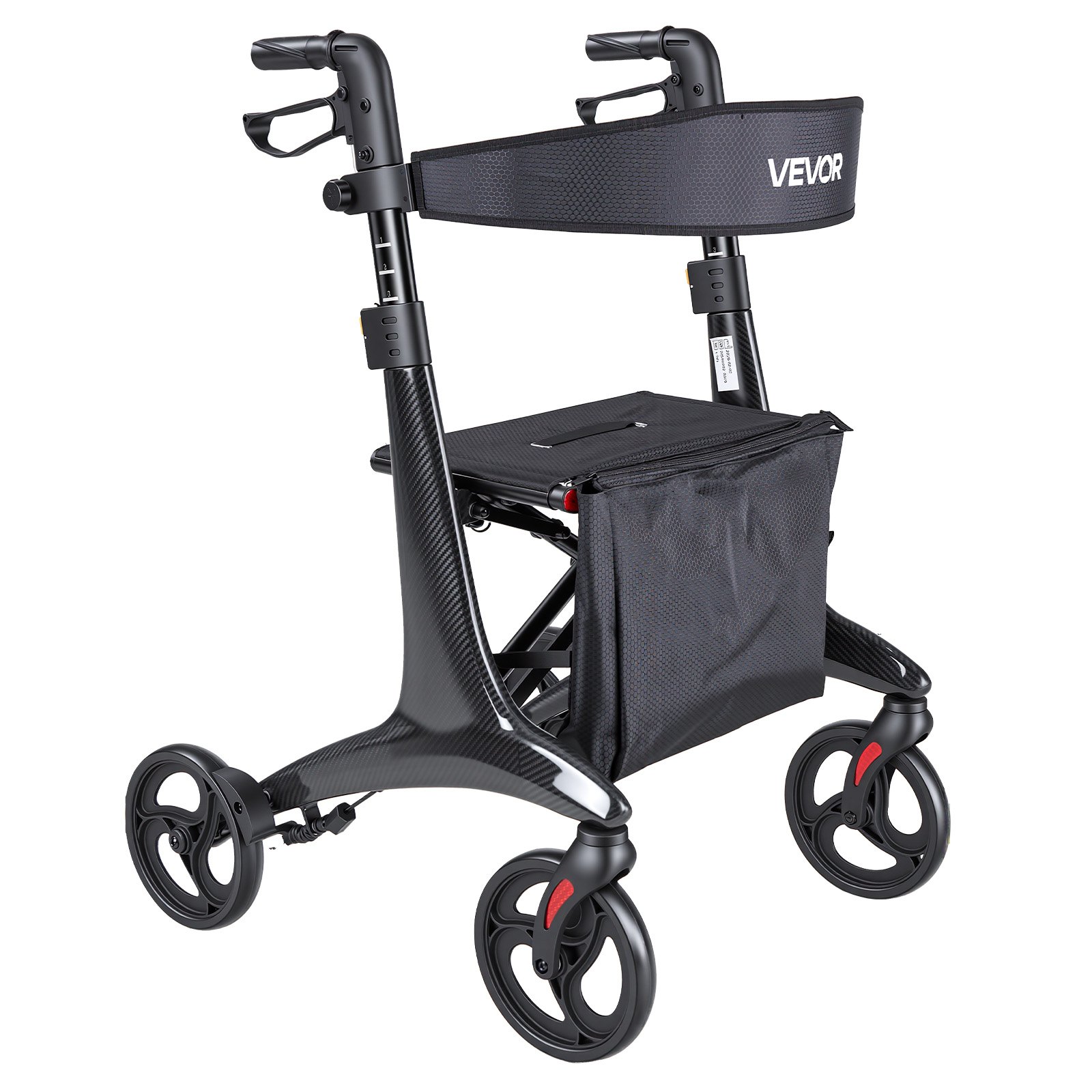 VEVOR Opvouwbare Rollator met Zitje, Lichtgewicht Looprek met 20 cm Wielen, Loophulp tot 136 kg met Rugleuning, Tas, Stokhouder, In Hoogte Verstelbare Loophulp met Vergrendelfunctie voor Senioren, Zwart