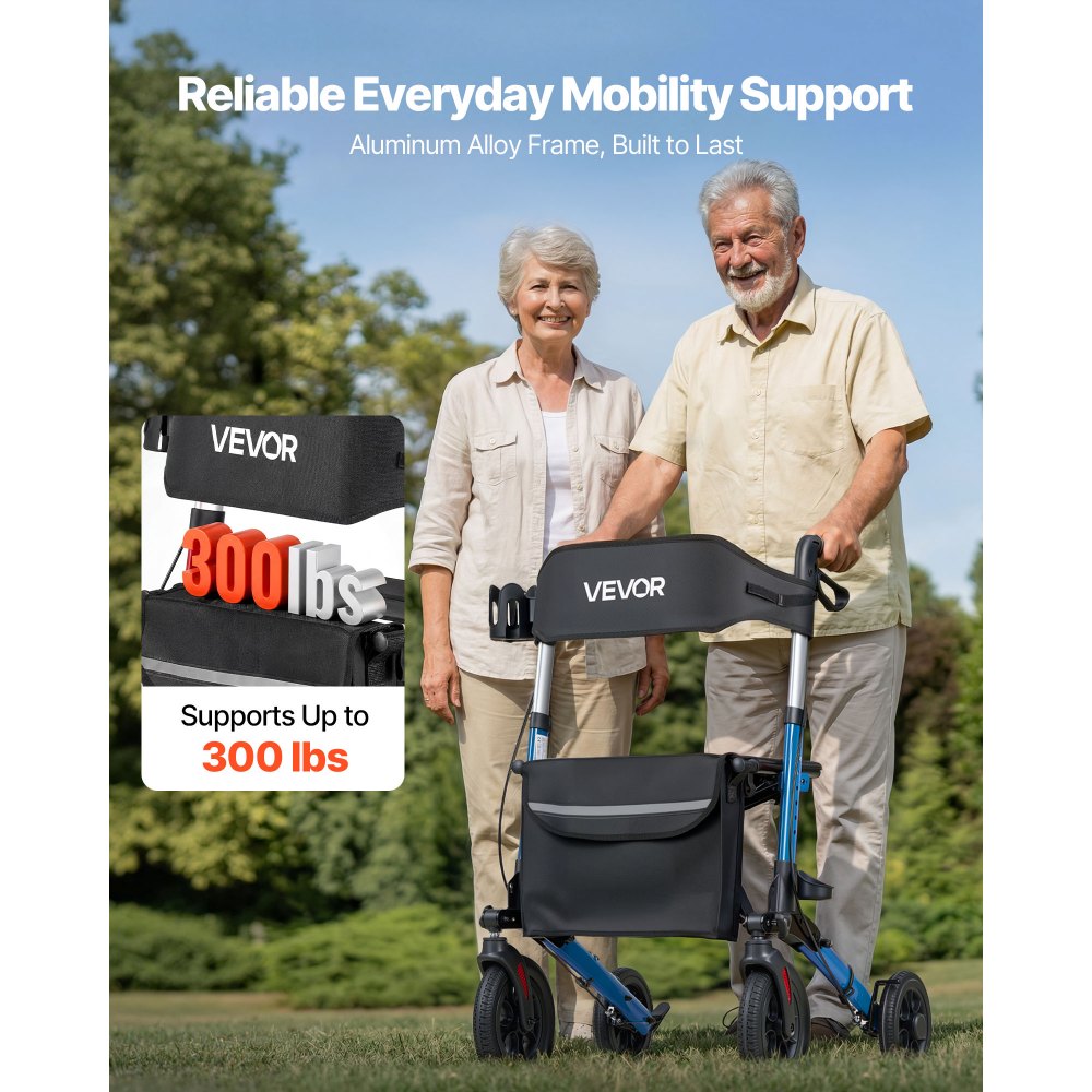 VEVOR 3-weg opvouwbare rollator met zitje, lichtgewicht 4-wielige rollator, loophulp tot 136 kg met rugleuning, tas, stokhouder, in hoogte verstelbare loophulp met vergrendelingsfunctie voor senioren, blauw