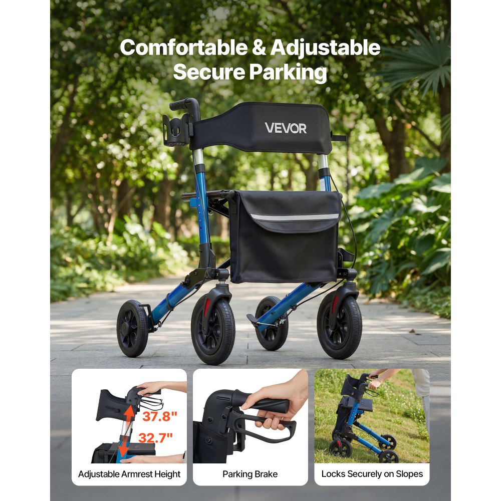 VEVOR 3-weg opvouwbare rollator met zitje, lichtgewicht 4-wielige rollator, loophulp tot 136 kg met rugleuning, tas, stokhouder, in hoogte verstelbare loophulp met vergrendelingsfunctie voor senioren, blauw