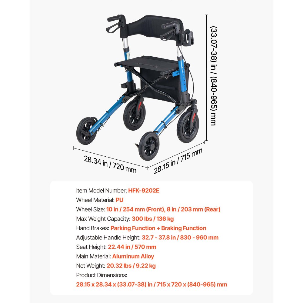 VEVOR 3-weg opvouwbare rollator met zitje, lichtgewicht 4-wielige rollator, loophulp tot 136 kg met rugleuning, tas, stokhouder, in hoogte verstelbare loophulp met vergrendelingsfunctie voor senioren, blauw