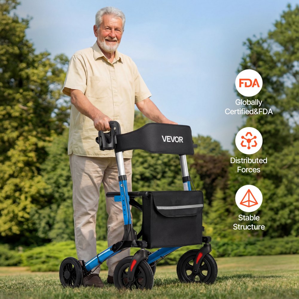 VEVOR 3-weg opvouwbare rollator met zitje, lichtgewicht 4-wielige rollator, loophulp tot 136 kg met rugleuning, tas, stokhouder, in hoogte verstelbare loophulp met vergrendelingsfunctie voor senioren, blauw